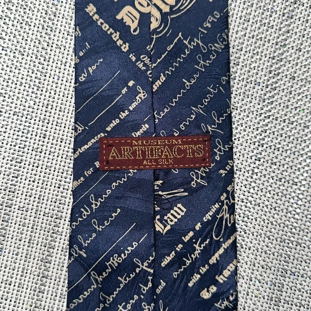 Museum Artifacts Navy Ivory Cursive Print Textured Silk Tie